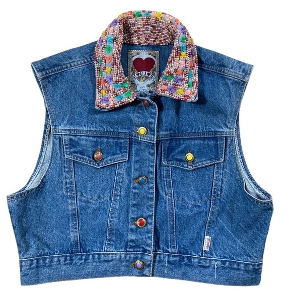 Vintage JouJou 80s 90s Rainbow Candy Look Sequin Beaded Collar Denim Vest ML - Picture 3 of 11